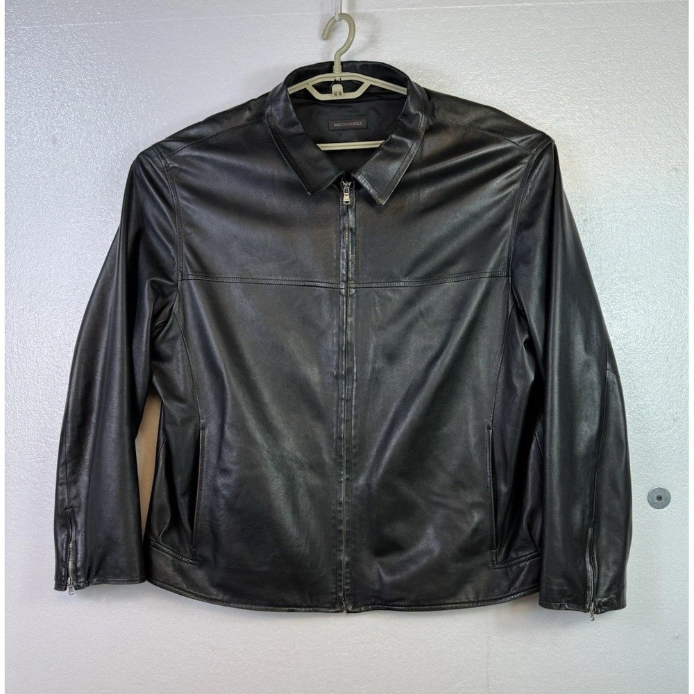 Bruno Magli Black Leather Jacket Mens XL 48 Zipup Soft Vera Pella Italy Designer